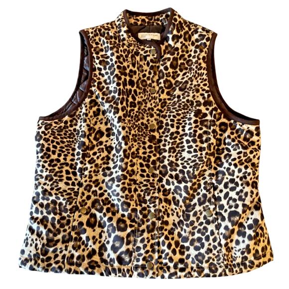 Jones NY Quilted Vest XL Leopard Print Brown Beige Pockets Outdoor Travel Layer - Picture 1 of 5
